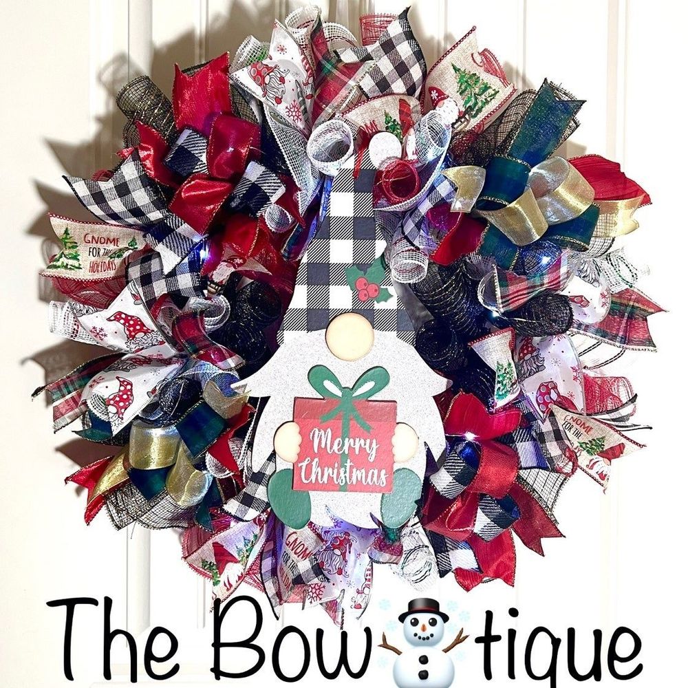 Handmade Merry Christmas Gnome Holiday Ribbon Door Wreath 22 ins W46